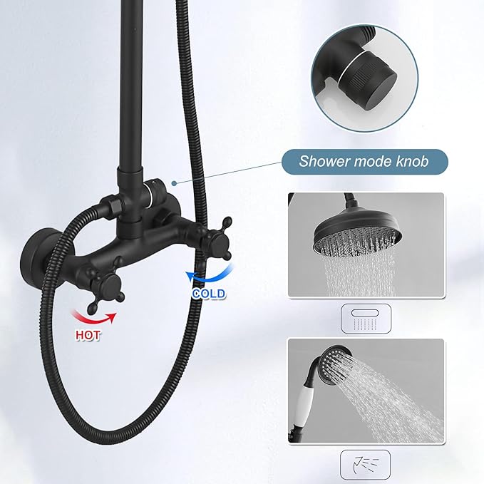BWE Matte Black Shower Kit Exposed Shower System 8-Inch Rainfall Shower Head with Handheld Spray High Pressure Double Cross Knobs Shower Fixture Wall Mount