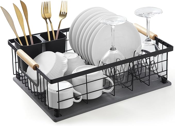 Dish Drying Rack with Stone Drying Mat, Dish Drainer and Diatomaceous Earth Dish Mat, Dish Drainers for Kitchen Counter with Stone Dish Mat