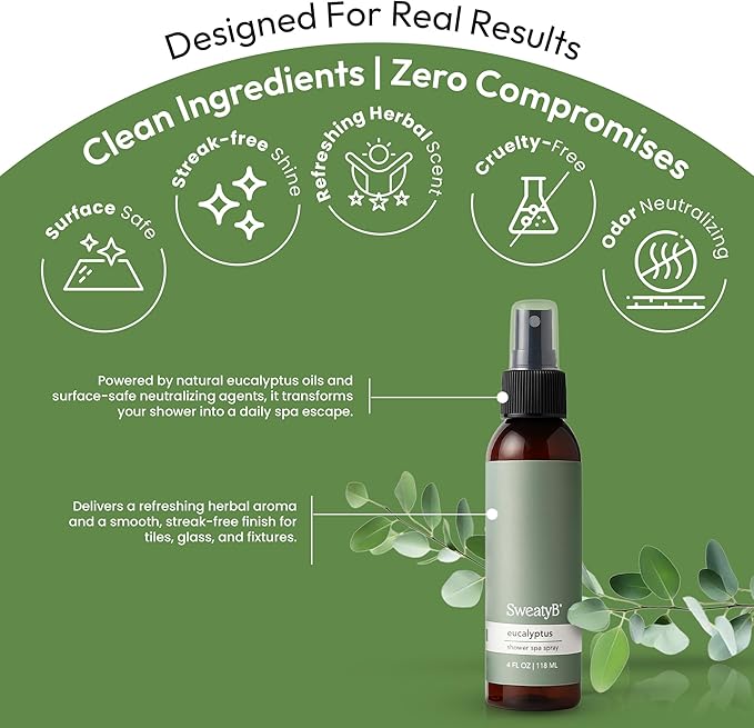 SweatyB® Eucalyptus Shower Spray – 100% Pure Eucalyptus Essential Oil Shower Mist for Sauna & Steam Room – Natural Aromatherapy for Stress & Sinus Relief – Vegan – Made in USA – 4 oz