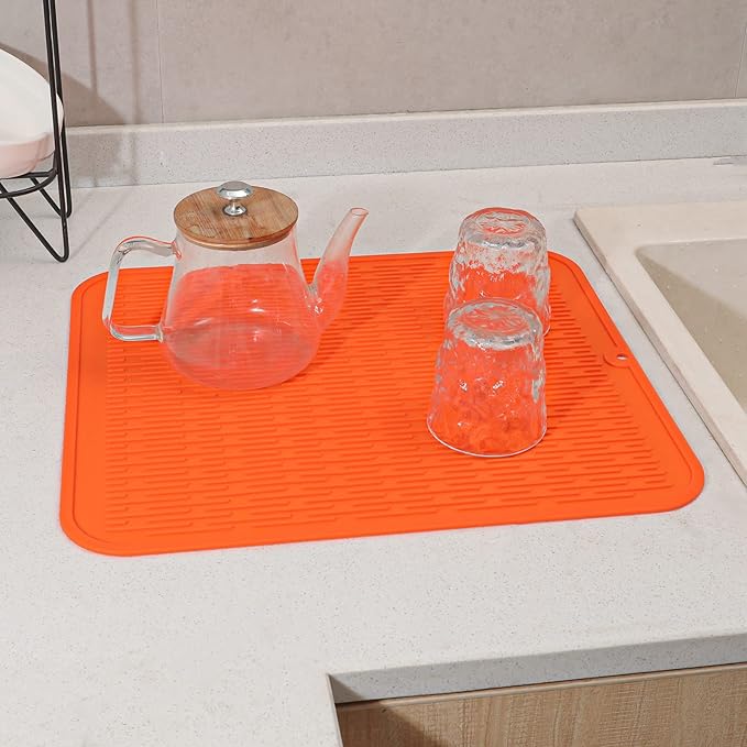 MicoYang Silicone Dish Drying Mat for Multiple Usage,Easy clean,Eco-friendly,Heat-resistant Silicone Mat for Kitchen Counter or Sink,Refrigerator or Drawer Liner Orange XL 18 inches x 16 inches