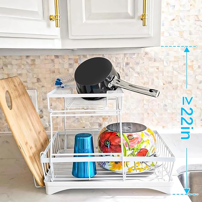 7 code Large Dish Drying Rack, 2-Tier Dish Racks for Kitchen Counter, Detachable Large Capacity Dish Drainer Organizer with Utensil Holder, Dish Drying Rack with Drain Board, White