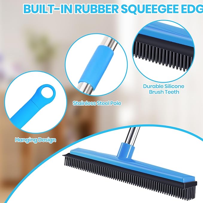 Carpet Rake for Pet Hair Removal, 4-in-1 Reusable Carpet Broom, 66" Adjustable Long Handle Carpet Rake with Squeegee,Rubber Edge Broom Rug for Hardwood Floors, Mats and Couches