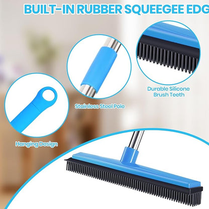 Carpet Rake for Pet Hair Removal, 4-in-1 Reusable Carpet Broom, 66" Adjustable Long Handle Carpet Rake with Squeegee,Rubber Edge Broom Rug for Hardwood Floors, Mats and Couches