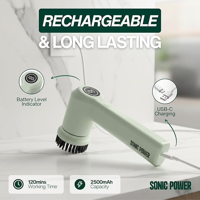Electric Spin Scrubber – Handheld & Ergonomic, IPX7 Waterproof, 4 Multi-Purpose Brush Heads, Long-Lasting Rechargeable Battery – Cleans Dishes, Bathroom, Tile, Grout & Kitchen (Sage)