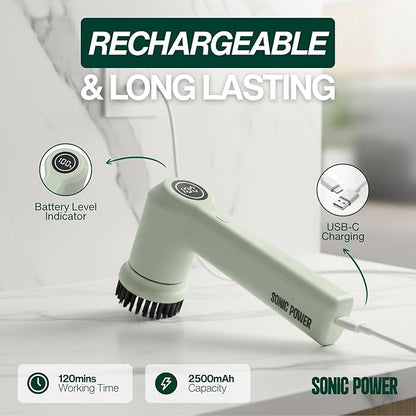 Electric Spin Scrubber – Handheld & Ergonomic, IPX7 Waterproof, 4 Multi-Purpose Brush Heads, Long-Lasting Rechargeable Battery – Cleans Dishes, Bathroom, Tile, Grout & Kitchen (Sage)