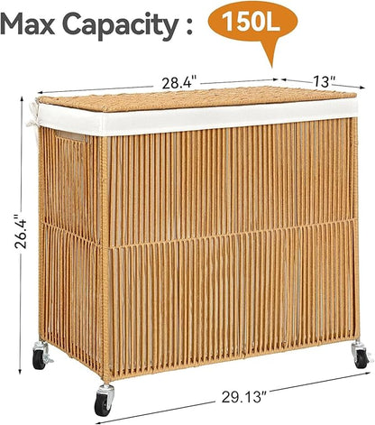 WOWLIVE Laundry Hamper with Wheels, 160L Handwoven Rolling Laundry Basket 3 Section with Lid, Clothes Hamper with Removable Liner Bags, Large Capacity Laundry Sorter Laundry Room Organization, Natural