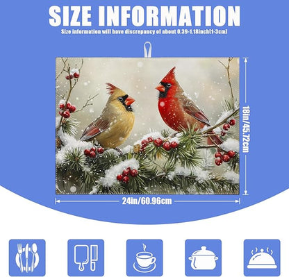 Winter Cardinal Bird Dish Drying Mat for Kitchen Counter Snow Drying Pad Absorbent Reversible Dish Drainer Rack Mats Draining Pad 18"x24"Inch