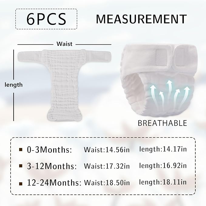 Max Shape 6 Pack Wearable Cotton Cloth Dipper Pants for Baby Girls and Boys,Adjustable Cotton Diaper 13 Layers