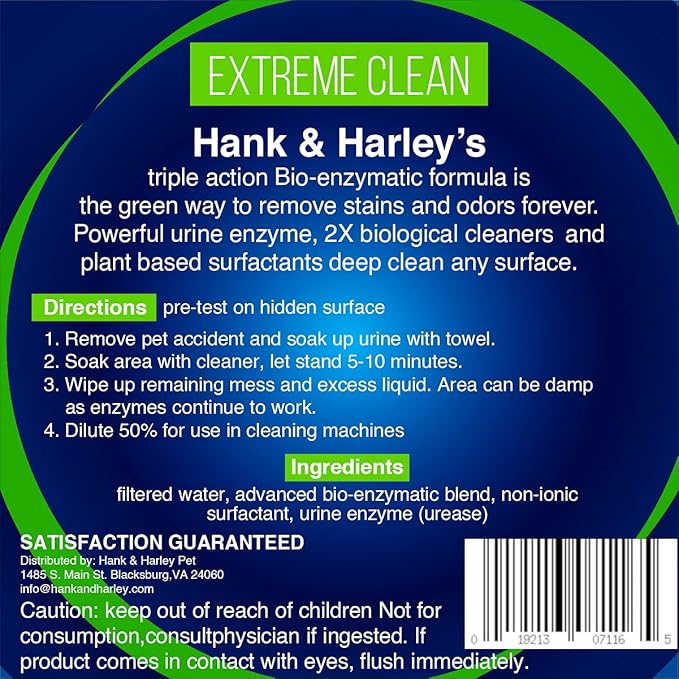 Hank & Harley Extreme Enzyme, PET Stain & Odor Eliminator - Triple Action bio-enzymatic Cleaners and Plant Based surfactants Breaks Down pet Mess Forever. Fragrance Free, Safe for Pets