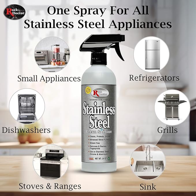 Rock Doctor Stainless Steel Cleaner and Polish, Streak-Free Cleaning Solution for Chrome and Aluminium, Stainless Appliance Cleaner, Stainless Steel Cooktop Cleaner, 24 oz. Spray Bottle, Pack of 2