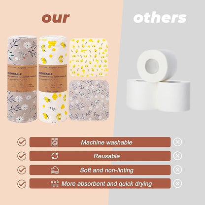 Reusable Dishcloths Kitchen Towels Cotton: 30 Packs 10X10 Washable Roll Paperless Paper Towels Absorbent Dishcloths Set Dish Tea Towel for Kitchen Drying (30Daisy, 10×10")