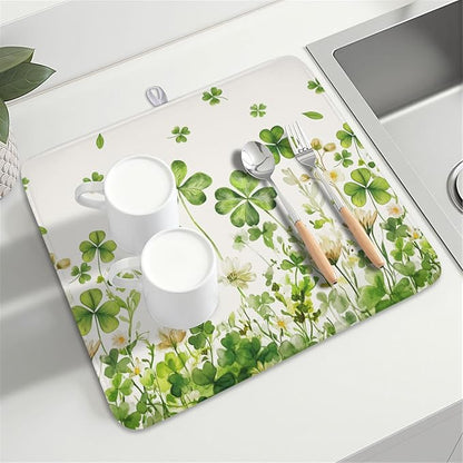 St Patrick's Day Dish Drying Mat 16 x 18 Inch Green Clover Dish Drainer Rack Mat Absorbent Microfiber Mats for Shamrock Dish Pad Spring Lucky Dish Pad for Kitchen Bar Decor