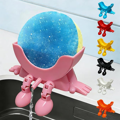 Cute Hanging Sponge Holder with Drainage,3D Printed Kitchen Funny Sponge Stand for Sink,with non-slip pads,Suitable for Scrub Daddy Holder,Keeps Your Sponge Dry Smiling (Pink)