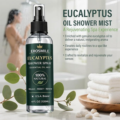 Eucalyptus Shower Spray, Pure Eucalyptus Oil Shower Mist - Sauna and Spa Steam Room Spray, At Home Spa Experience - 6.76 oz