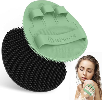 New Silicone Shower Scrubber with Straps, 360° Anti-Slip & Enlarged Body Scrubber for Rich Foaming Deep Cleaning, Revolutionary No-Grip & Hand-fit Bath Glove for All Skin Types(Black+Green)