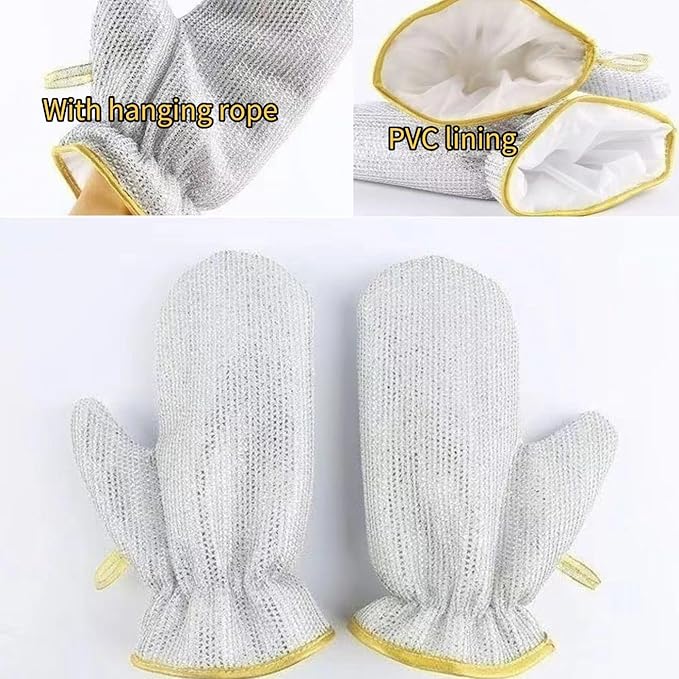 Dishwashing Gloves Nylon Scrubber Cleaning Mittens with PVC Lining & Hanging Strap for Housework Kitchen (Medium)