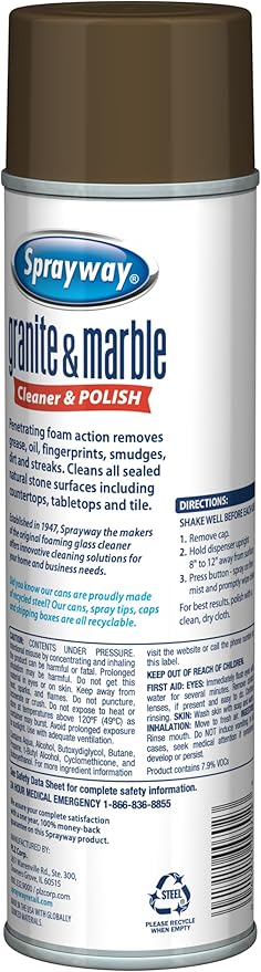 Sprayway Granite & Marble Cleaner Aerosol Spray 19oz, Pack of 12 | Foaming Action, Removes Grease, Oil, Fingerprints | Ideal for Sealed Natural Stone Surfaces, Countertops, Tabletops, Tile