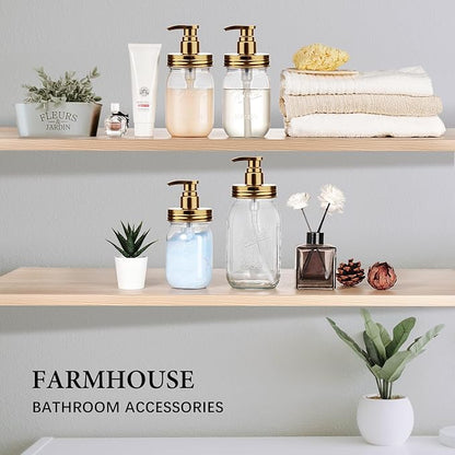 Amolliar Plastic Mason Jar Soap Dispenser with Pump Lid,16OZ Refillable BPA-Free Hand Soap Dispenser Set with Cute Lables - for Kitchen/Bathroom, Liquid Soap, Dish Soap, Lotion (2 Pack, Gold)