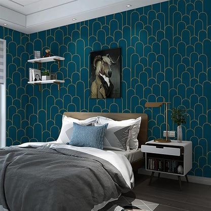 Yasinet Peel and Stick Wallpaper Blue and Gold Wallpaper Blue Geometric Contact Paper Removable Self-Adhesive Stripe Waterproof Wall Paper Decorative for Wall Bedroom Vinyl Film 17.3”x118”