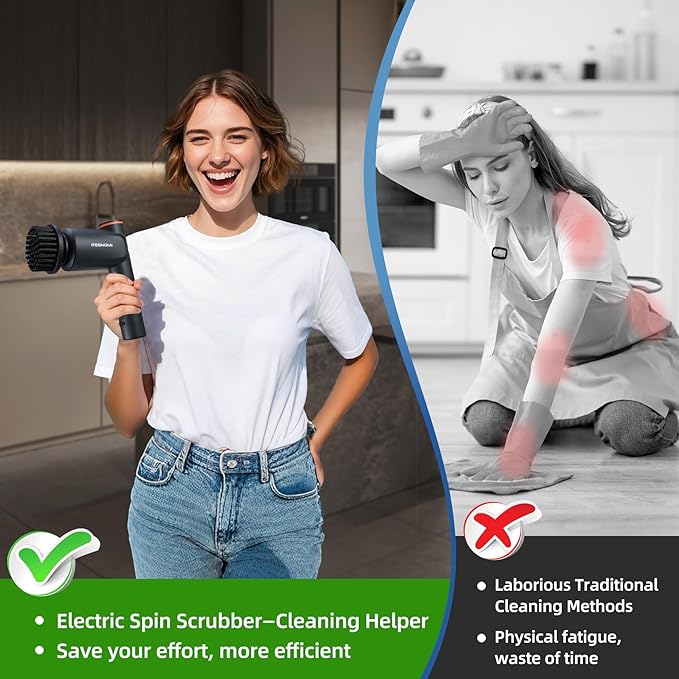Electric Spin Scrubber, Cordless Bathroom Shower Scrubber with LCD Display & 2 Speeds, IPX7 Waterproof Cleaning Brush, 6 Replaceable Heads, 4-Hour Runtime for Kitchen Tile Bathtub Car, Gray-Black