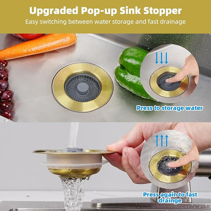 Hibbent Upgraded 3 in 1 Kitchen Sink Drain Strainer and Stopper Combo, Stainless Steel Metal Pop Up Sink Stopper, 3 Anti-Clogging Basket Strainers for US Standard 3-1/2 Inch Drain, Brushed Gold