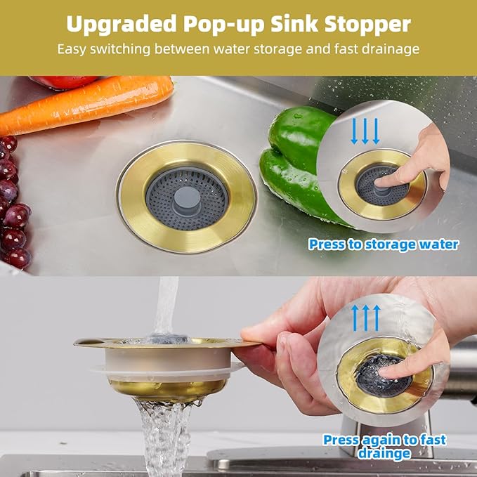 Hibbent 2 Pack Upgraded 3 in 1 Kitchen Sink Drain Strainer and Stopper Combo, Stainless Steel Metal Pop Up Sink Stopper, Anti-Clogging Basket Strainer for US Standard 3-1/2 Inch Drain, Brushed Gold