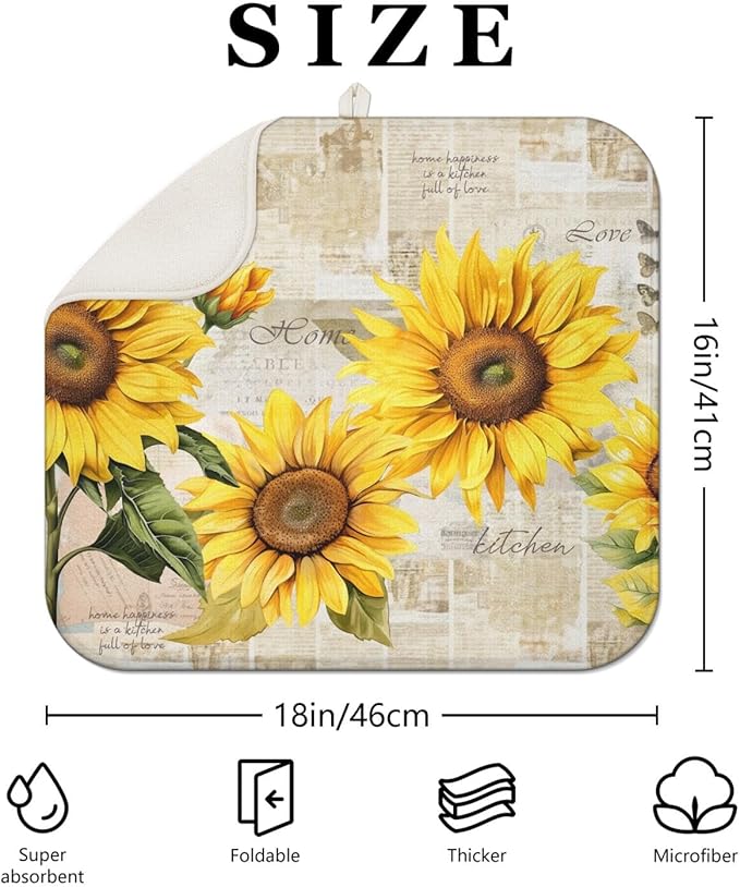 Dish Drying Mat Drainer Pads - Extra Large Microfiber Drying Mats for Dishes Kitchen Counter Super Absorbent Pads for Draining Racks (Sunflower,16"x18" )