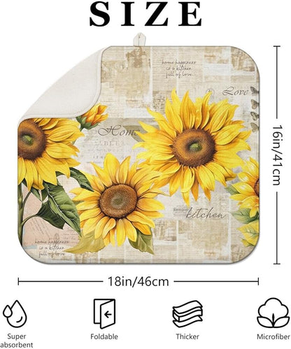 Dish Drying Mat Drainer Pads - Extra Large Microfiber Drying Mats for Dishes Kitchen Counter Super Absorbent Pads for Draining Racks (Sunflower,16"x18" )