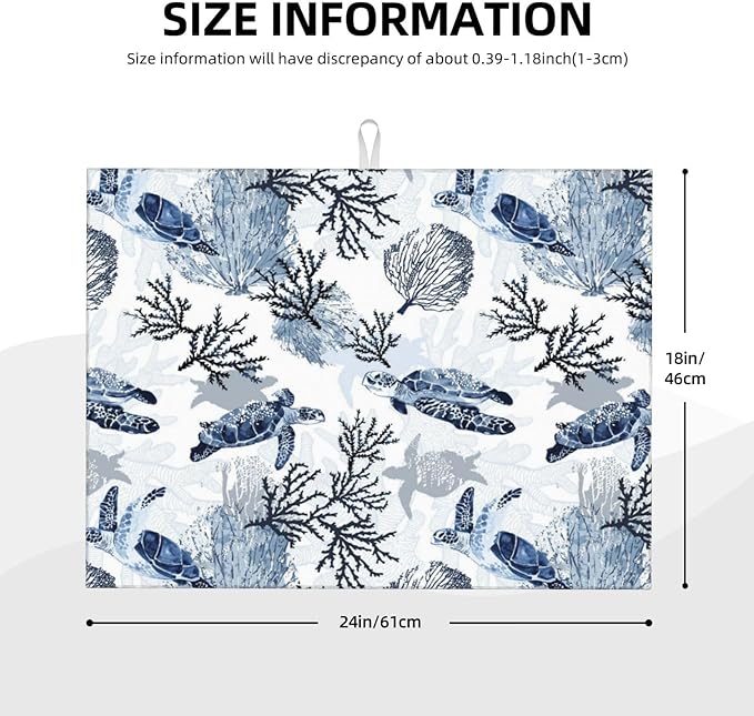 Navy Blue White Sea Turtle & Coral Dish Drying Mats for Kitchen Counter & Sink, Absorbent Microfiber Drying Pad for Dishes, Foldable Nautical Kitchen Mat for Dining Area & Home Decor, 18" x 24"