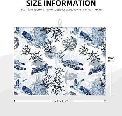 Navy Blue White Sea Turtle & Coral Dish Drying Mats for Kitchen Counter & Sink, Absorbent Microfiber Drying Pad for Dishes, Foldable Nautical Kitchen Mat for Dining Area & Home Decor, 18" x 24"
