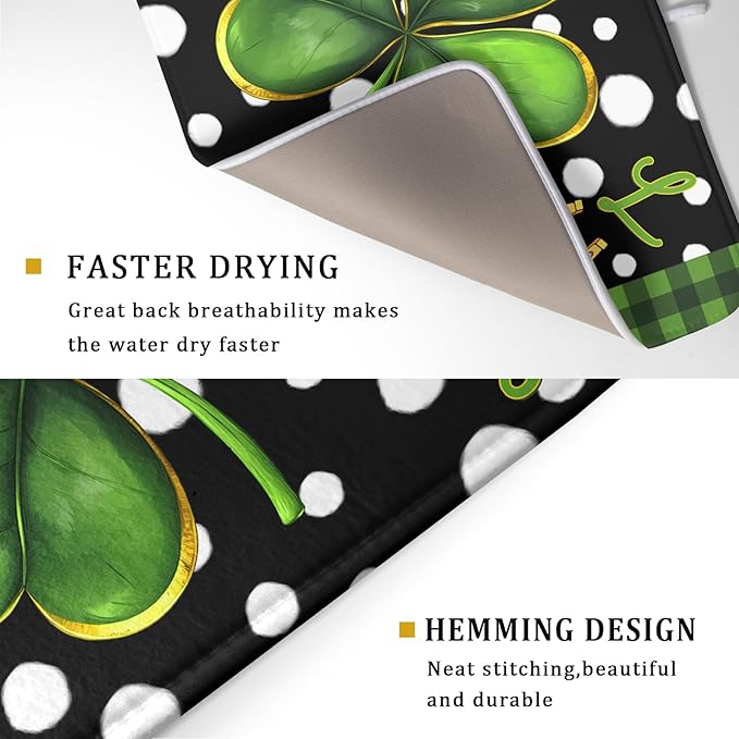 St. Patrick's Day Dish Drying Mats 18x24 Inch Green Clover Shamrock Lucky Kitchen Mat Polka Dot Microfiber Drying Mats Ultra Absorbent Reversible Dishes Drying Rack Pad for Kitchen Countertops