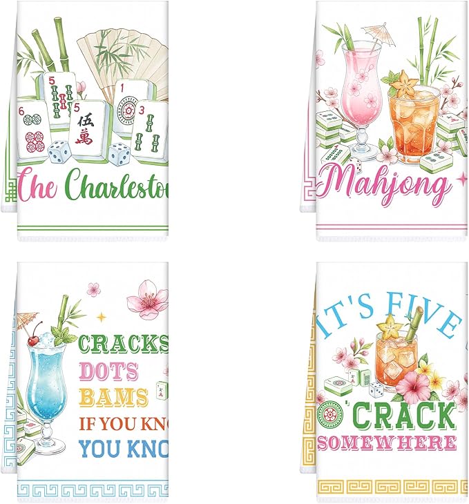 Mahjong Gifts Kitchen Towels, 4PCS Mah Jongg Gifts Dish Towels for Cooking Cleaning, Mahjong Accessories Absorbent Tea Towel with Hanging Loop for Home Decor(16 X 24 Inches)