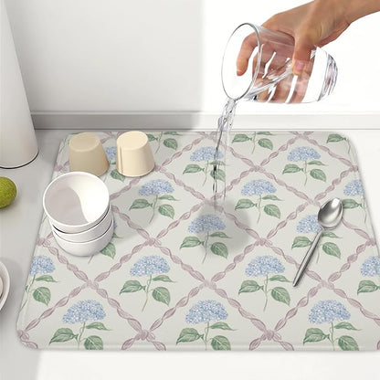 Hydrangea Floral Dish Drying Mat for Kitchen Counter Watercolor Blue and Pink Flower Drying Mat 16x18 Inch Rustic Elegant Absorbent Dish Drainer Mat Kitchen Accessories