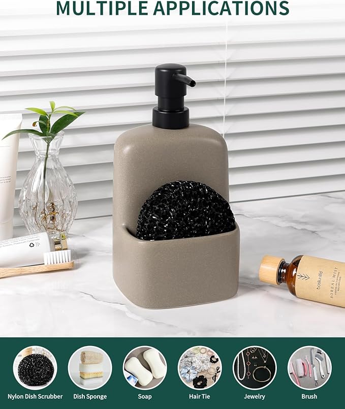 BosilunLife Dish Soap Dispenser - Matte Silver Grey Ceramic Kitchen Soap Dispenser with Sponge Holder Matte Ceramic Soap Daddy Dispenser 20oz for Kitchen Soap Pump and Sponges Caddy
