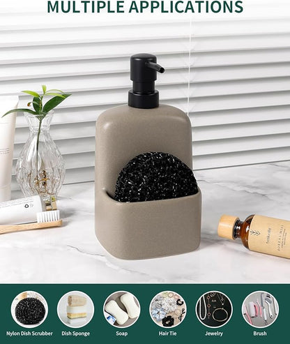 BosilunLife Dish Soap Dispenser - Matte Silver Grey Ceramic Kitchen Soap Dispenser with Sponge Holder Matte Ceramic Soap Daddy Dispenser 20oz for Kitchen Soap Pump and Sponges Caddy