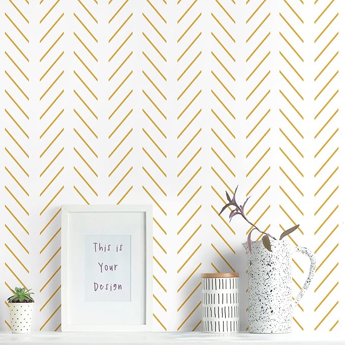 Erfoni Yellow and White Peel and Stick Wallpaper Modern Herringbone Wallpaper Bathroom 17.7inch x 196.8inch Geometric Removable Contact Paper Peel and Stick Self Adhesive Cabinet Wall Paper Waterproof