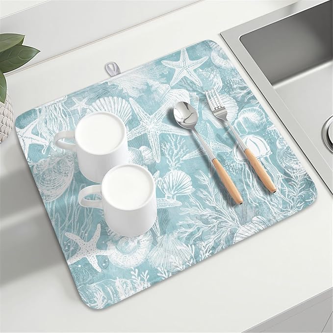 Summer Sea Shell Drying Mat 18x16 Inch, Teal Starfish Drying Mat with Absorbent Reversible Microfiber, Coastal Dish Drainer Mats Holiday Ocean Rack Pad for Coffee Countertop Kitchen Protector