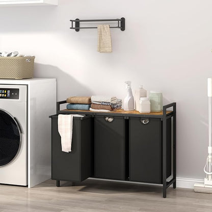 Laundry Hamper, Two -Color 3 Section Laundry Basket with 3 Removable Laundry Sorter Bags and Top Shelf, Clothes Hamper for Laundry Room, Bathroom