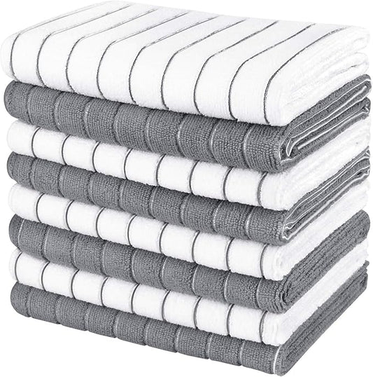 AIDEA Kitchen Towels-8PK, Super Soft and Absorbent Drying Towels for Dishes, Microfiber Cleaning Cloth Multi-Purpose Dish Towels for Kitchen, Home-Grey/White -18”x26”