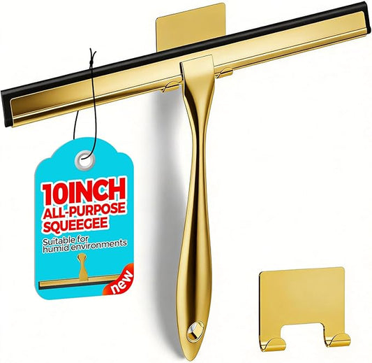 9.8-Inch Golden All-Purpose Shower Squeegee for Shower Doors, Tile Shower Walls, Bathroom, Window, Glass and Car Windshield, Mirrors and Kitchen-Stainless Steel