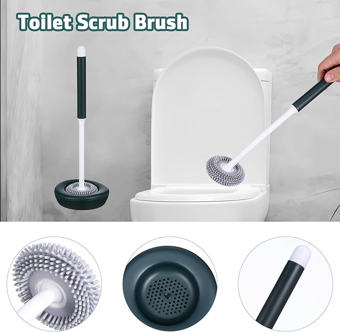 IMIKEYA Silicone Toilet Brush and Holder Set, Long Handle Toilet Bowl Cleaning Brush with Base, Green Household Bathroom Cleaning Tool for Deep Scrubbing and Easy Maintenance