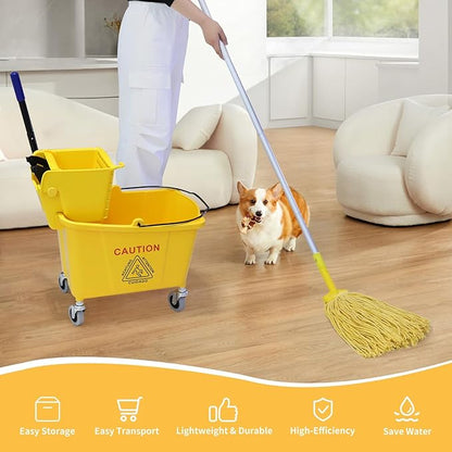35 Quarts Commercial Mop Bucket Set with Side-Press Wringer for Floor Cleaning, Yellow, Including One Commercial Mop