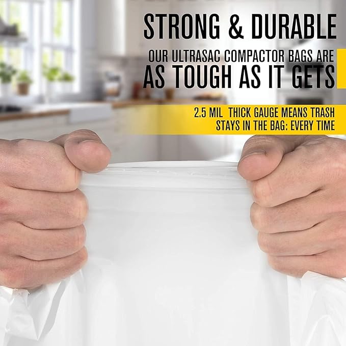 Ultrasac Compactor Bags - (160 Pack with Ties) 18 Gallon for 15 inch Compactors - 25" x 35" Heavy Duty 2.5 MIL Garbage Disposal Bags Compatible with Kitchenaid Kenmore Whirlpool GE Gladiator