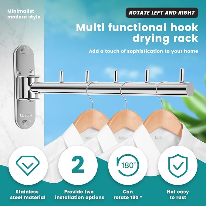 Wall Mounted Clothes Hanger Rack Swing Arm, Folding Clothes Hanger Space Saving Drying Rack Stainless Steel Laundry Room Valet Hook Holder Foldable Hanging Hook Rod for Laundry Closet Bedroom