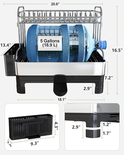 Extra Large Two Tier Stainless Steel Dish Drainer Drying Rack with Drainboard for Kitchen Counter, Modern Black and Silver, Rust Proof Metal, Space Saving Double Countertop Big Plates Dryer and Tray