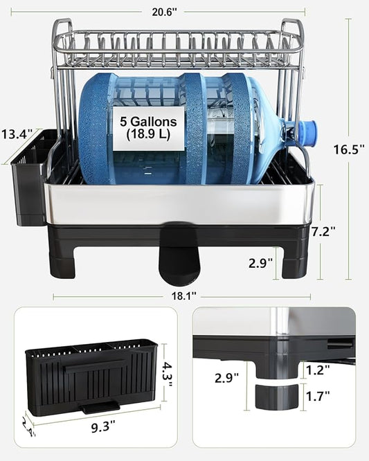 Extra Large Two Tier Stainless Steel Dish Drainer Drying Rack with Drainboard for Kitchen Counter, Modern Black and Silver, Rust Proof Metal, Space Saving Double Countertop Big Plates Dryer and Tray