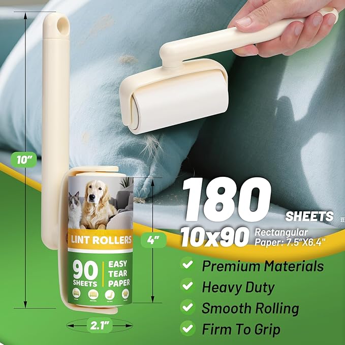 Lint Roller 2-in-1 Rotatable Handle Pet Hair Remover for Laundry Dog Hair, Cat Hair, Animal Fur, Fuzz Extra Sticky Roller for Couch, Clothes, Furniture and Carpet(2 Pack)