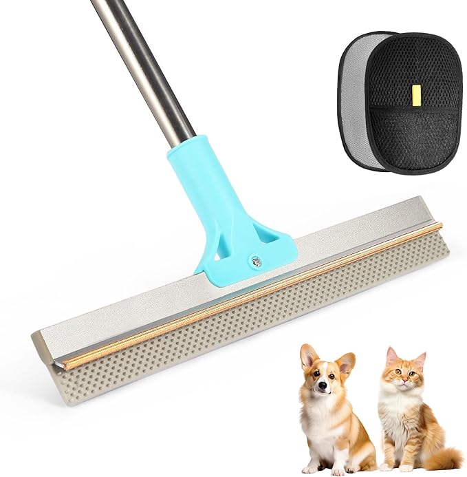 Carpet Rake for Pet Hair Removal, 2 in 1 TPU and Copper Rake Teeth, Adjustable Long Handle, Double-Sided Reusable Dog Cat Fur Remover with Hair Removal Glove, Pet Fur Rake for Rugs, Mats