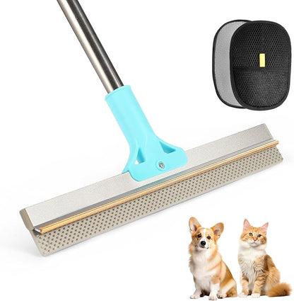 Carpet Rake for Pet Hair Removal, 2 in 1 TPU and Copper Rake Teeth, Adjustable Long Handle, Double-Sided Reusable Dog Cat Fur Remover with Hair Removal Glove, Pet Fur Rake for Rugs, Mats