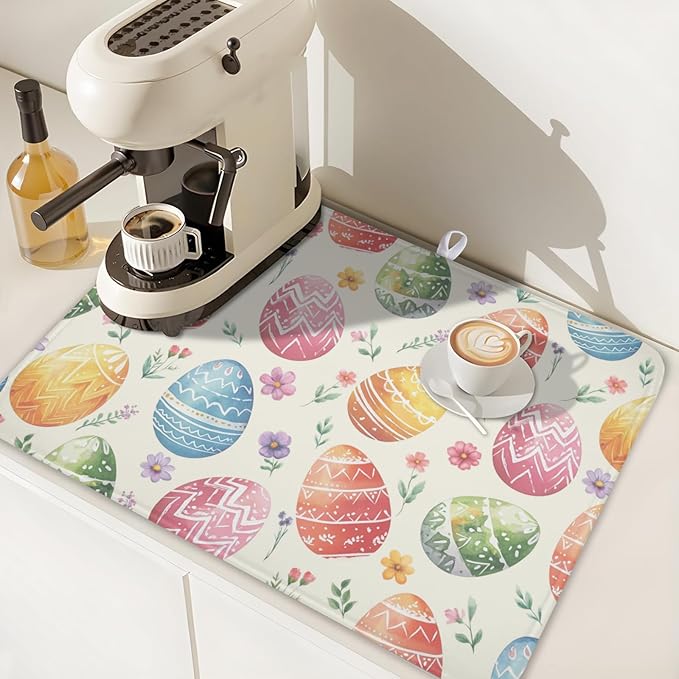 Easter Dish Drying Mat for Kitchen Counter Colorful Easter Eggs Floral Pattern Drying Mat 18x24 Inch Spring Holiday Absorbent Dish Drainer Mat Kitchen Accessories